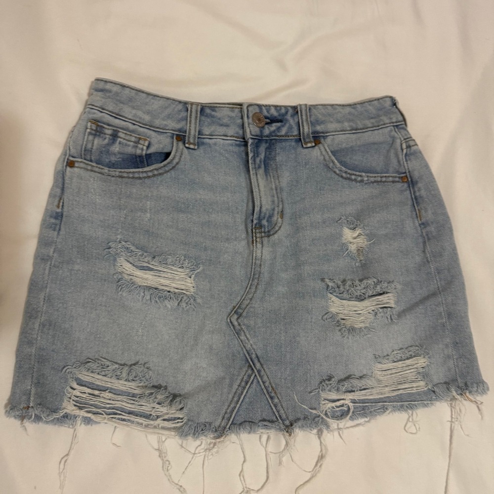 PacSun Womens Distressed Denim Mini Skirt Light Wash Raw Hem Blue Size 25 Waist